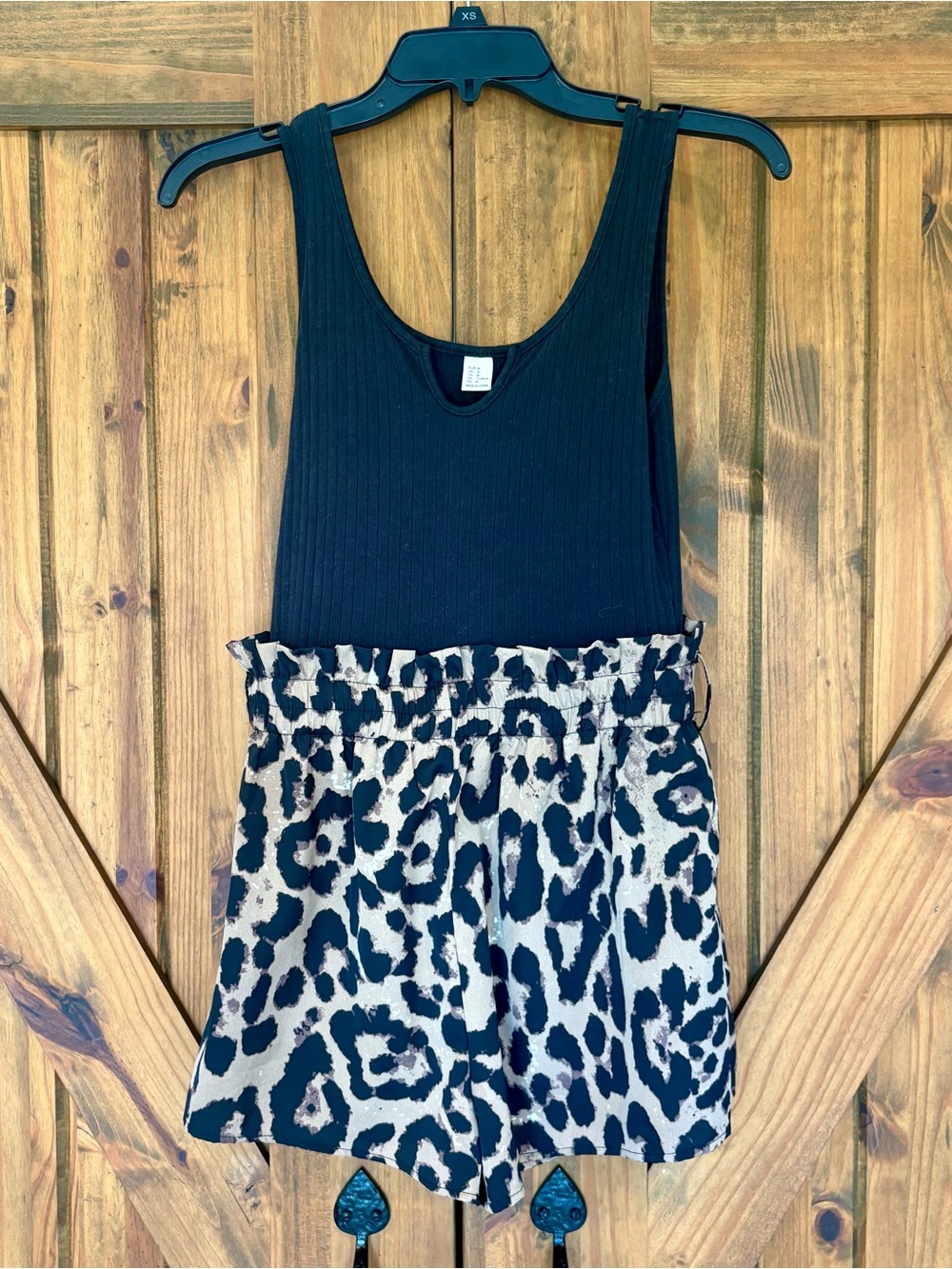 Women’s Black Tank Romper with High Waist Animal Print Shorts